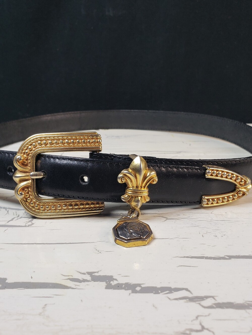 Brighton Vintage Black Calfskin Belt w/ Fleur-de-lis Buckle- Women's Medium (29)
